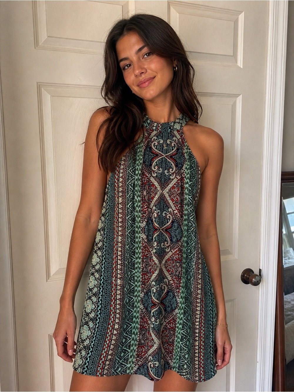 B Darlin Green and Red Patterned Halter Mini Dress